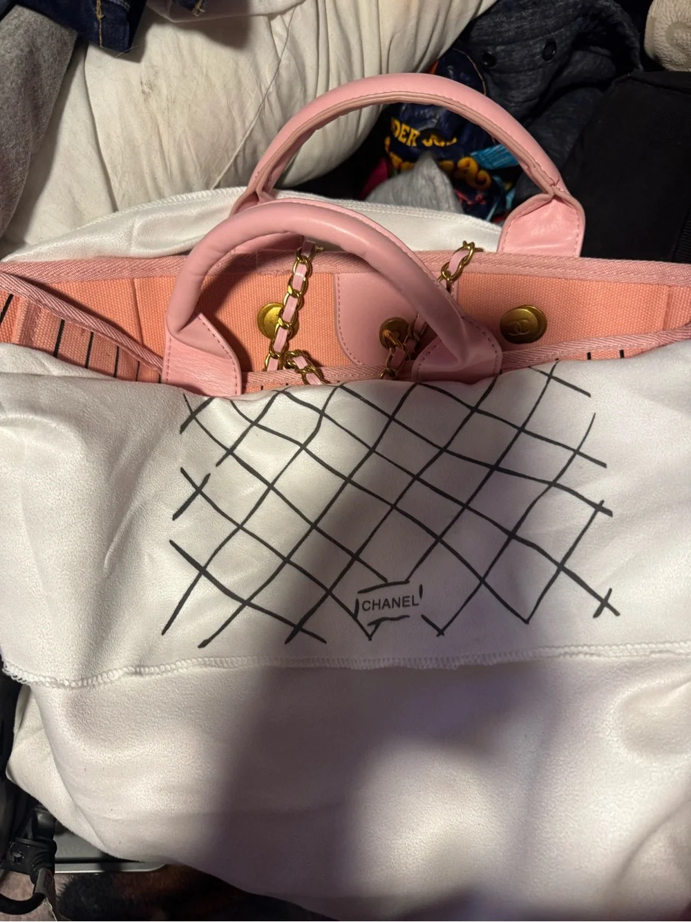 Chanel Pink Striped Canvas Tote with Chain Strap